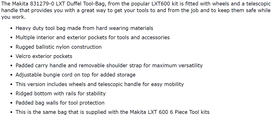 תיק לכלי עבודה חשמליים מקיטה MAKITA 831279-0 5055058170552 TEXT